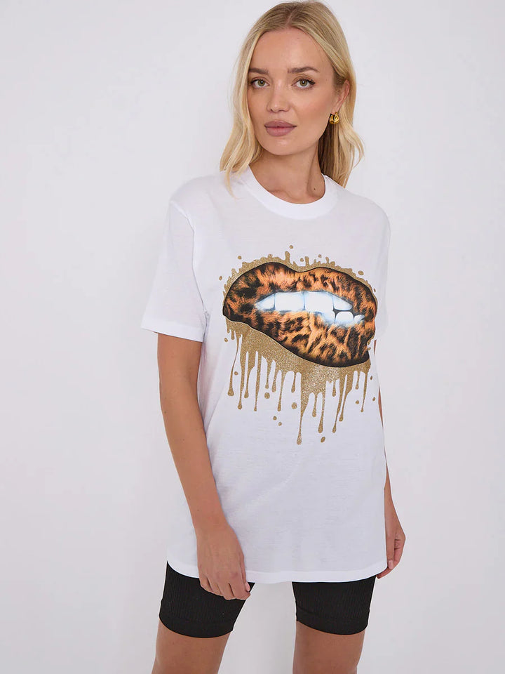 White Leopard Print Gold Drip Lip Graphic T-Shirt