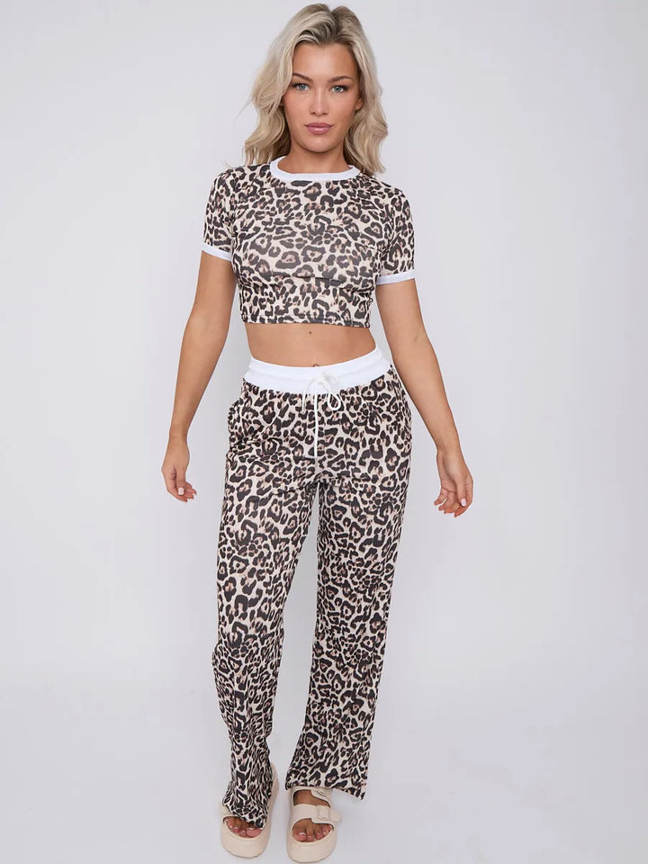 White Leopard Print Trim Ribbed Crop Top & Wide Leg Trouser Loungewear Co-ord