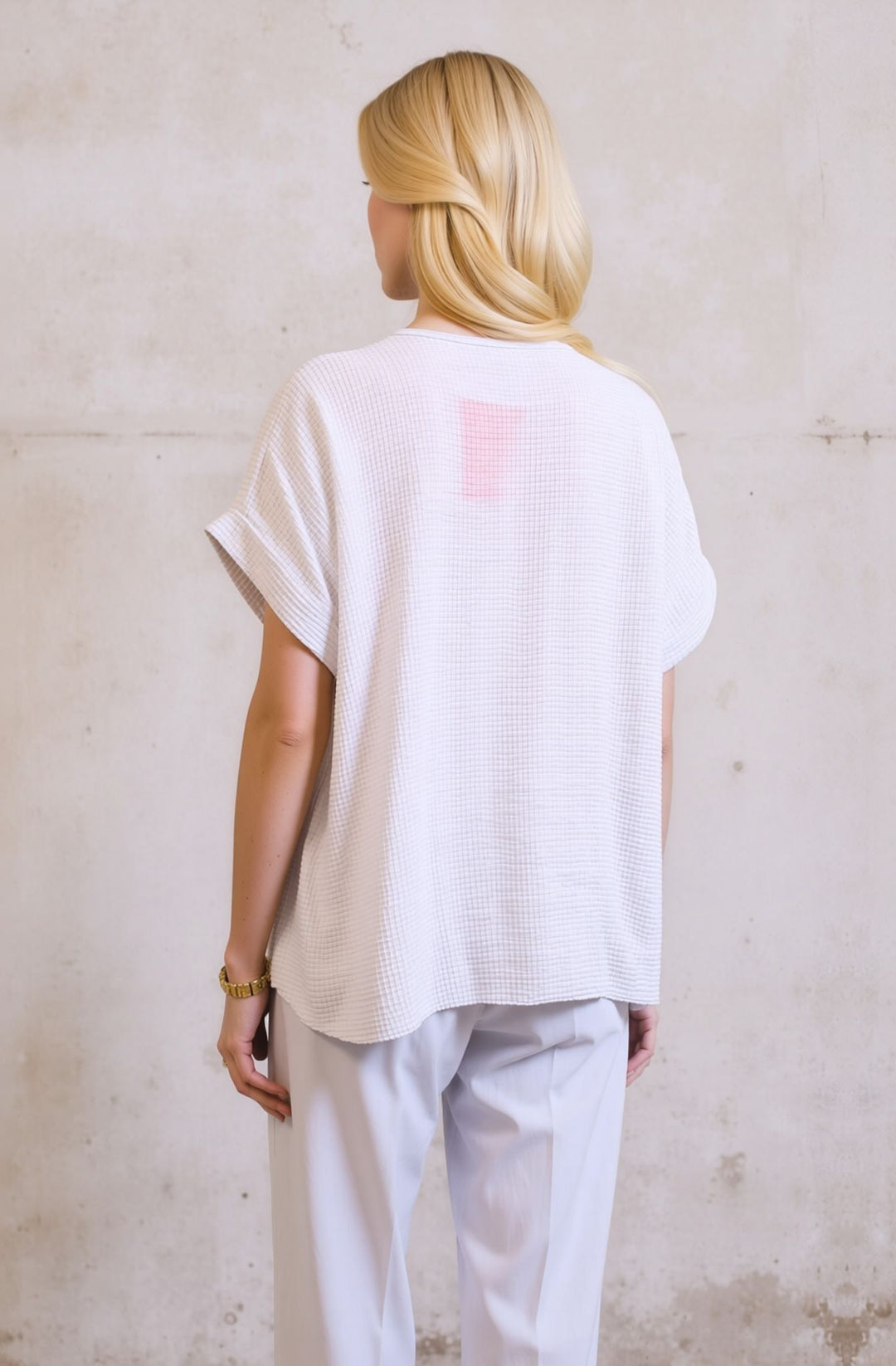 White Loose Fit Short Sleeve Casual Waffle Texture Blouse with Necklace