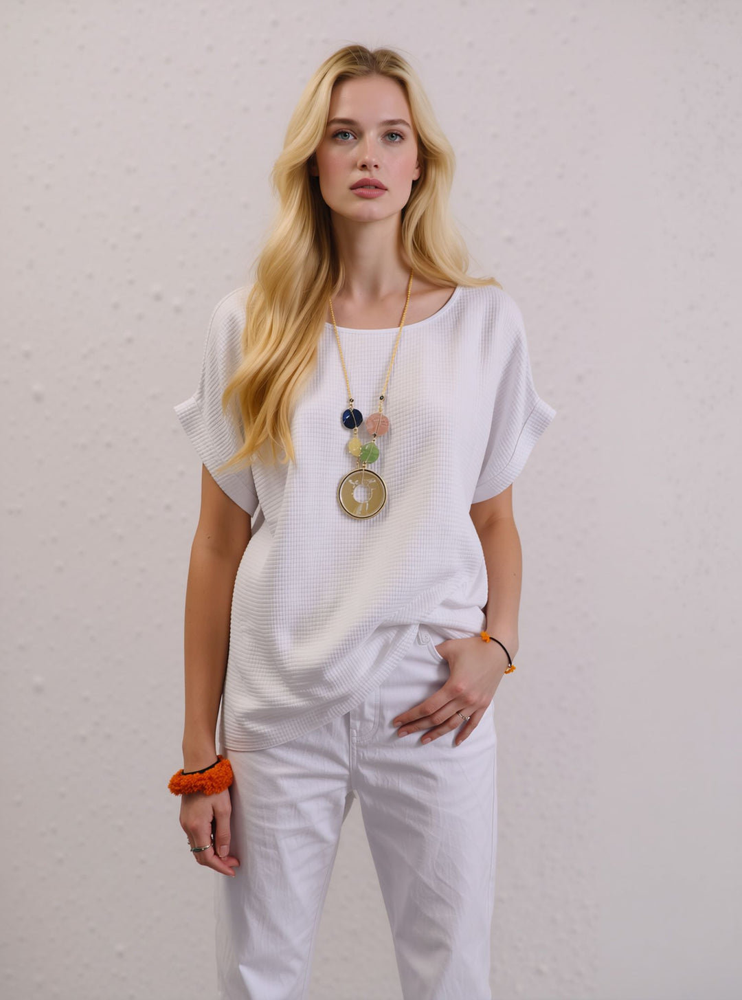 White Loose Fit Short Sleeve Casual Waffle Texture Blouse with Necklace
