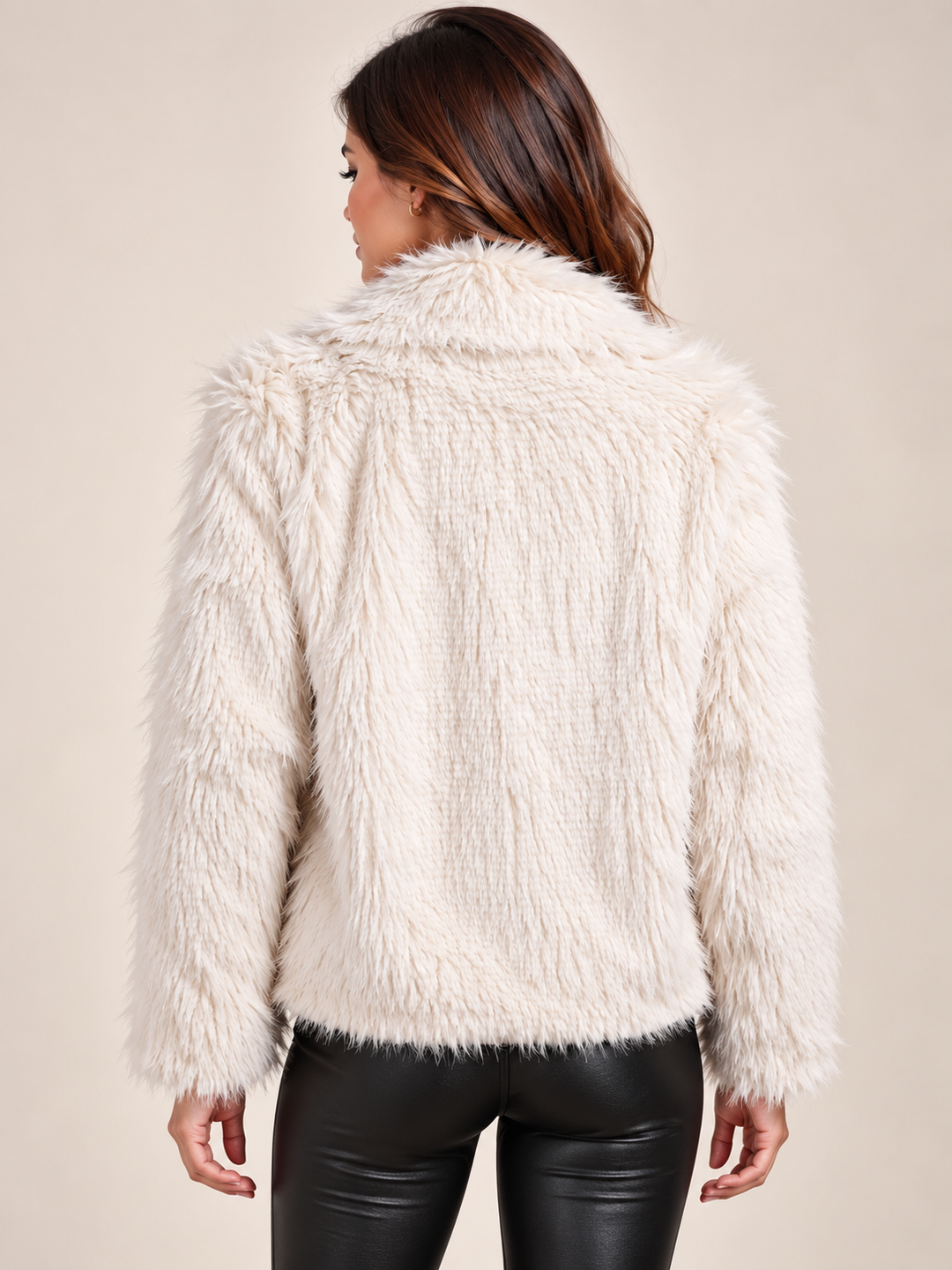 White Luxury Shaggy Faux Fur Jacket with Pearl Clasp