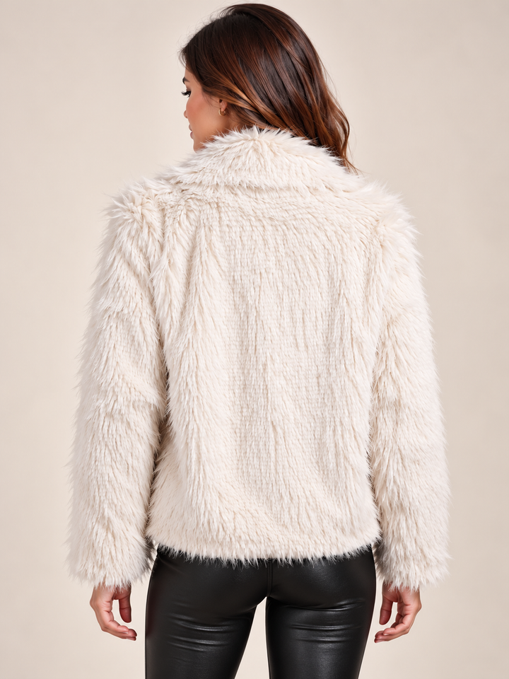 White Luxury Shaggy Faux Fur Jacket with Pearl Clasp
