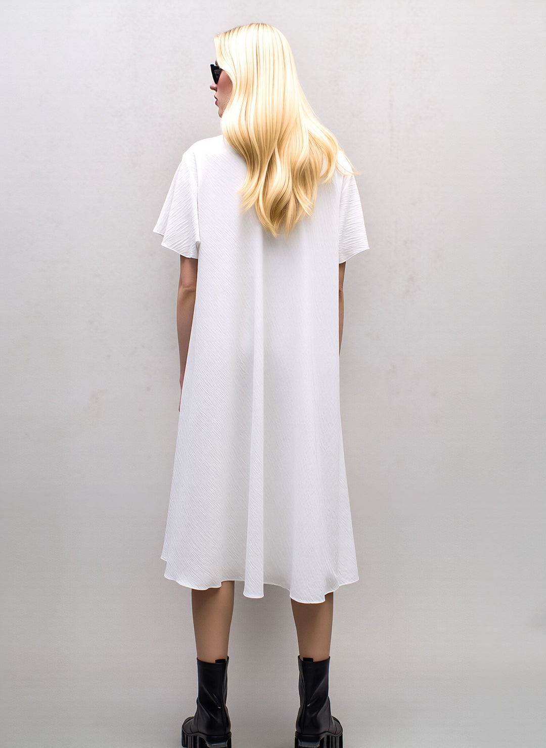White Midi Dress Loose Fit Short Sleeve Swing Dress with Statement Necklace