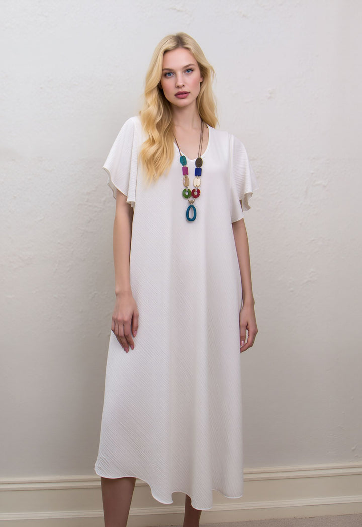 White Midi Dress Loose Fit Short Sleeve Swing Dress with Statement Necklace