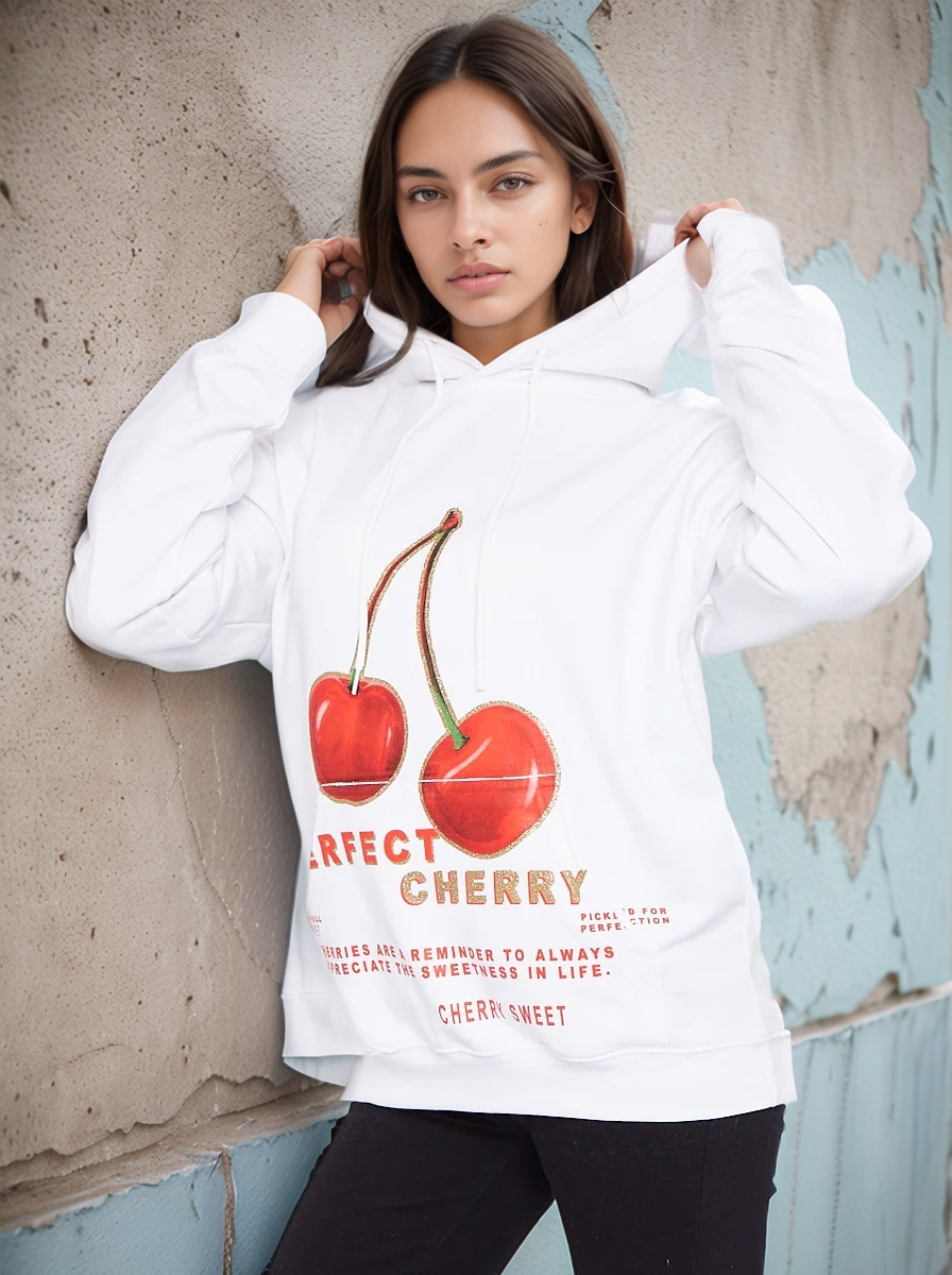 White Perfect Cherry Graphic Print Hoodie