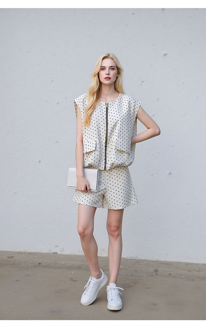 White Polka Dot Co-Ord Set Sleeveless Zip Front Top & Shorts Two Piece