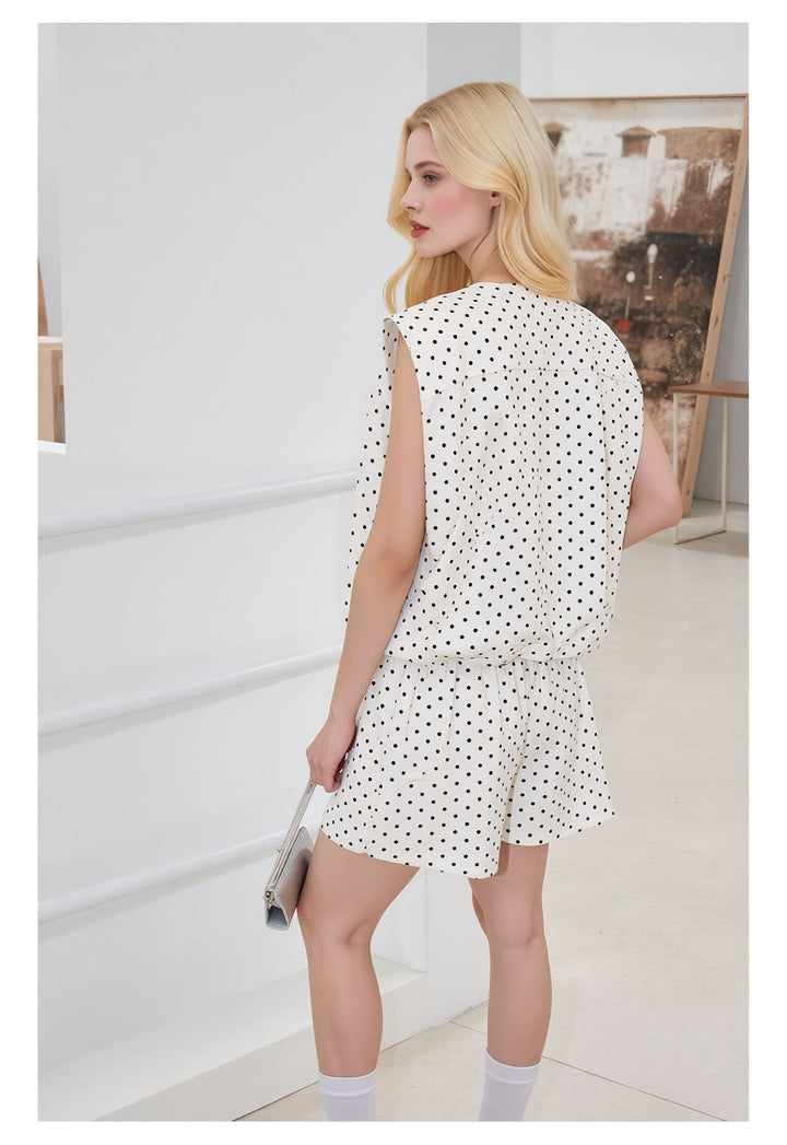 White Polka Dot Co-Ord Set Sleeveless Zip Front Top & Shorts Two Piece