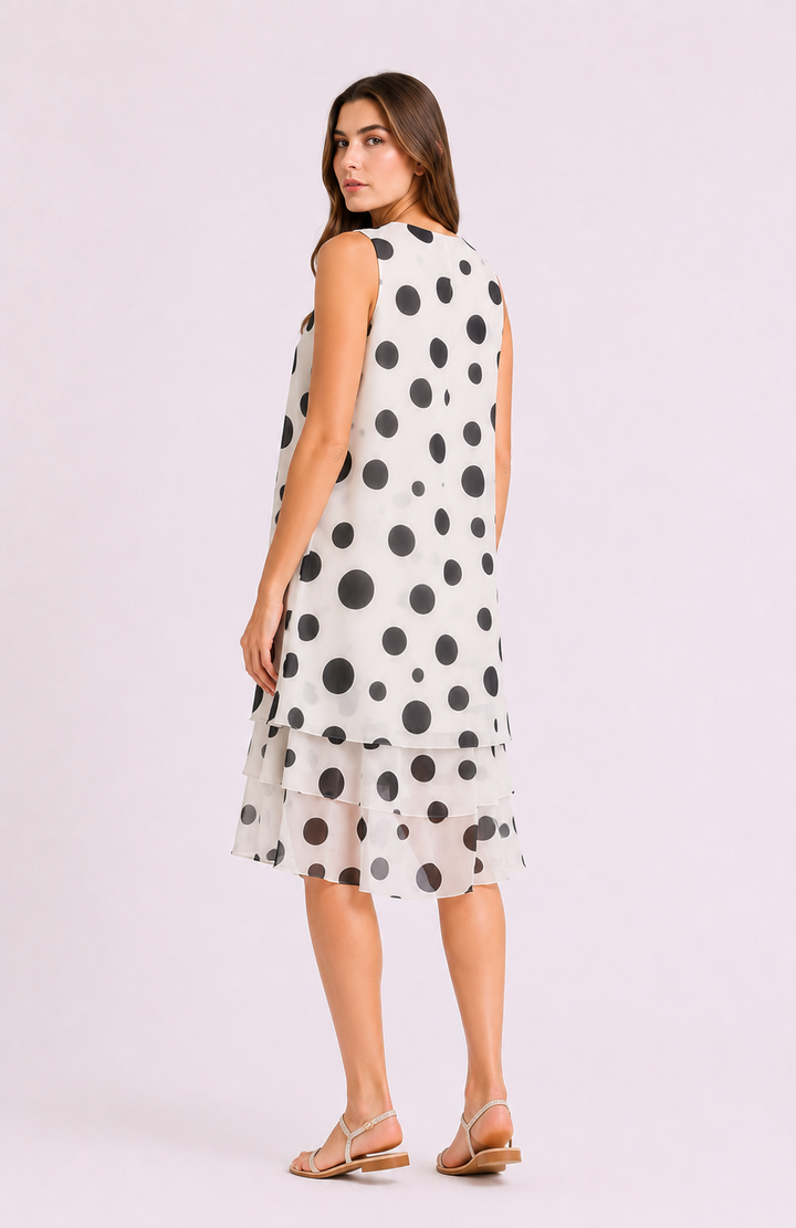 White Polka Dot Layered Chiffon Midi Sleeveless V-Neck Occasion Dress