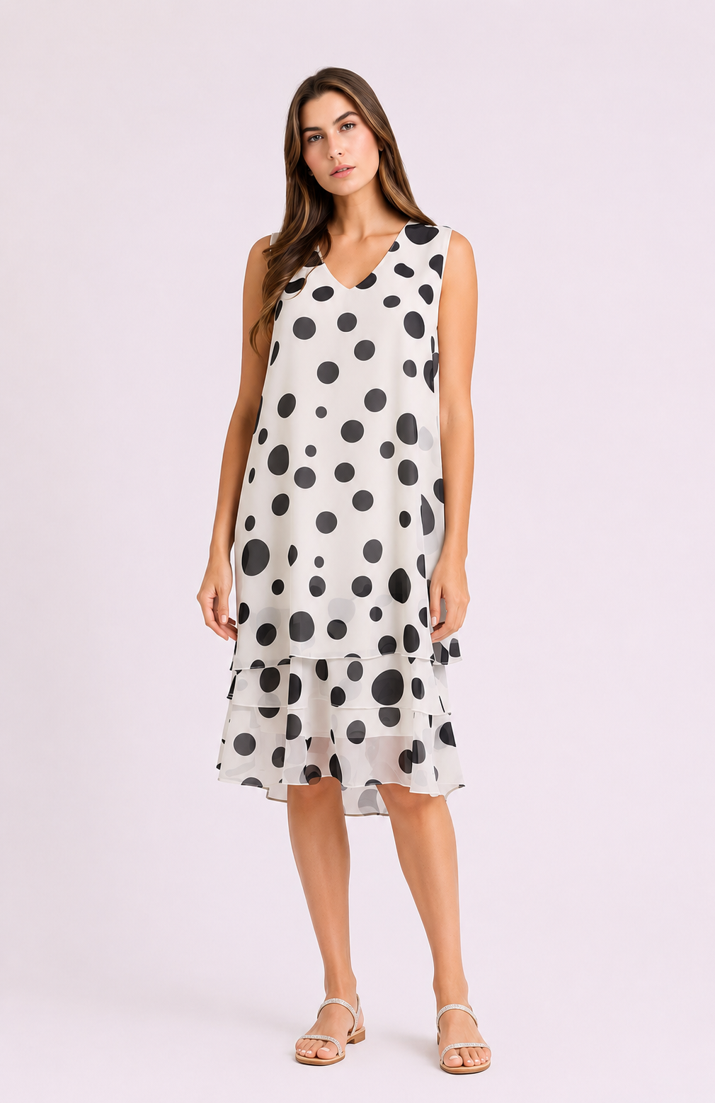 White Polka Dot Layered Chiffon Midi Sleeveless V-Neck Occasion Dress
