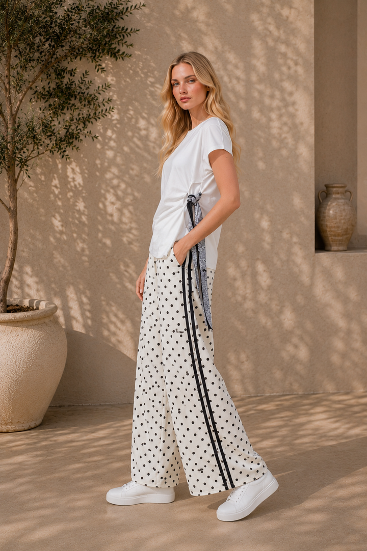 White Polka Dot Wide Leg With Side Stripe Trousers