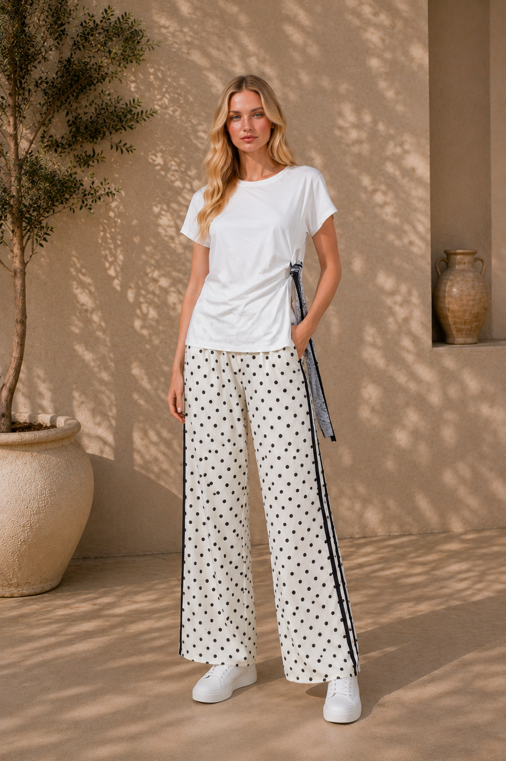 White Polka Dot Wide Leg With Side Stripe Trousers