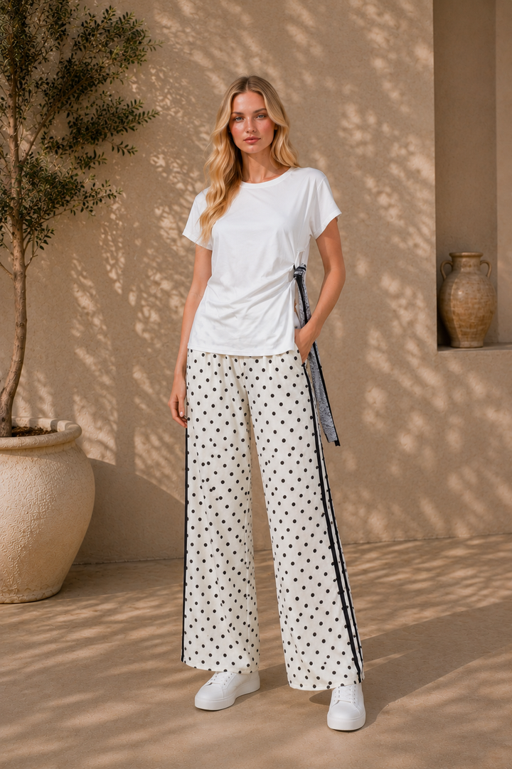 White Polka Dot Wide Leg With Side Stripe Trousers