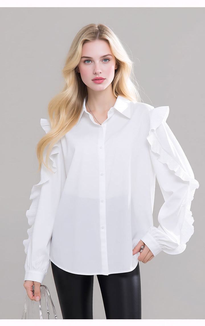 White Ruffle Sleeve Shirt Elegant Button Blouse