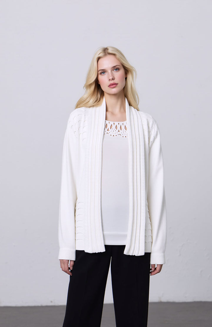 White Scallop Edge to Edge Open Cardigan