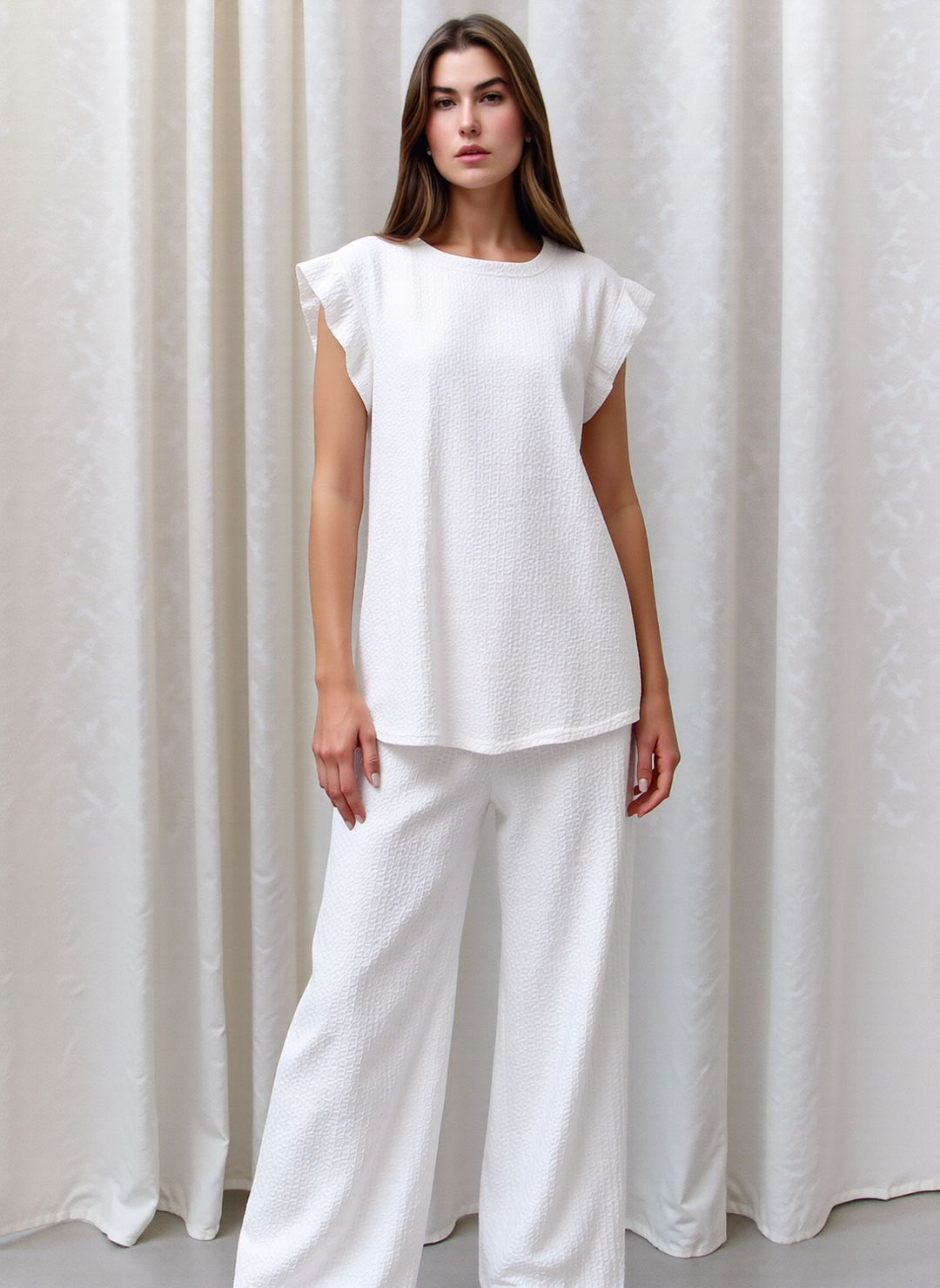 White Textured Frill Sleeve Co-Ord Lounge Set Wide Leg Trousers Two Piece Outfit