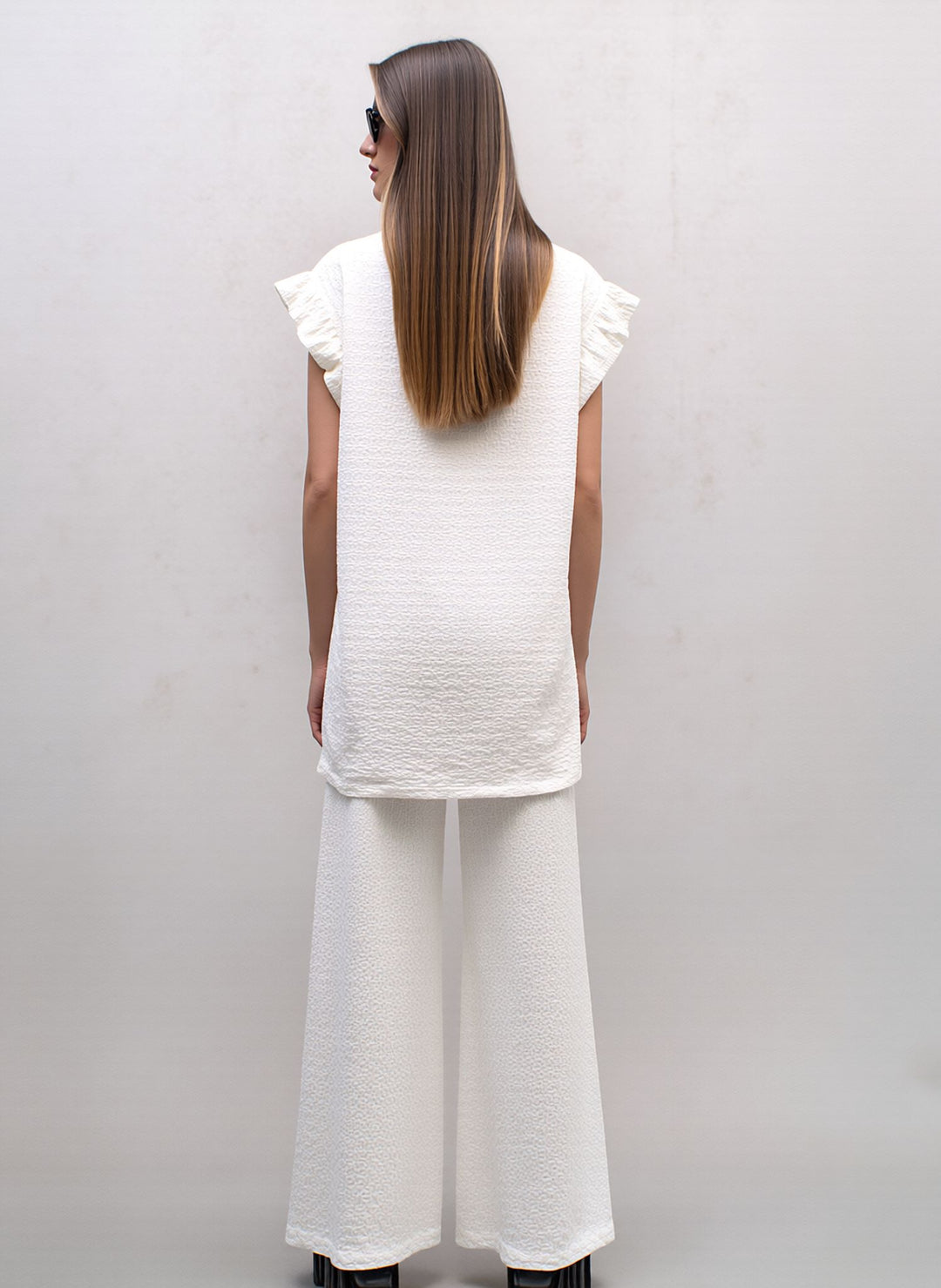White Textured Frill Sleeve Co-Ord Lounge Set Wide Leg Trousers Two Piece Outfit