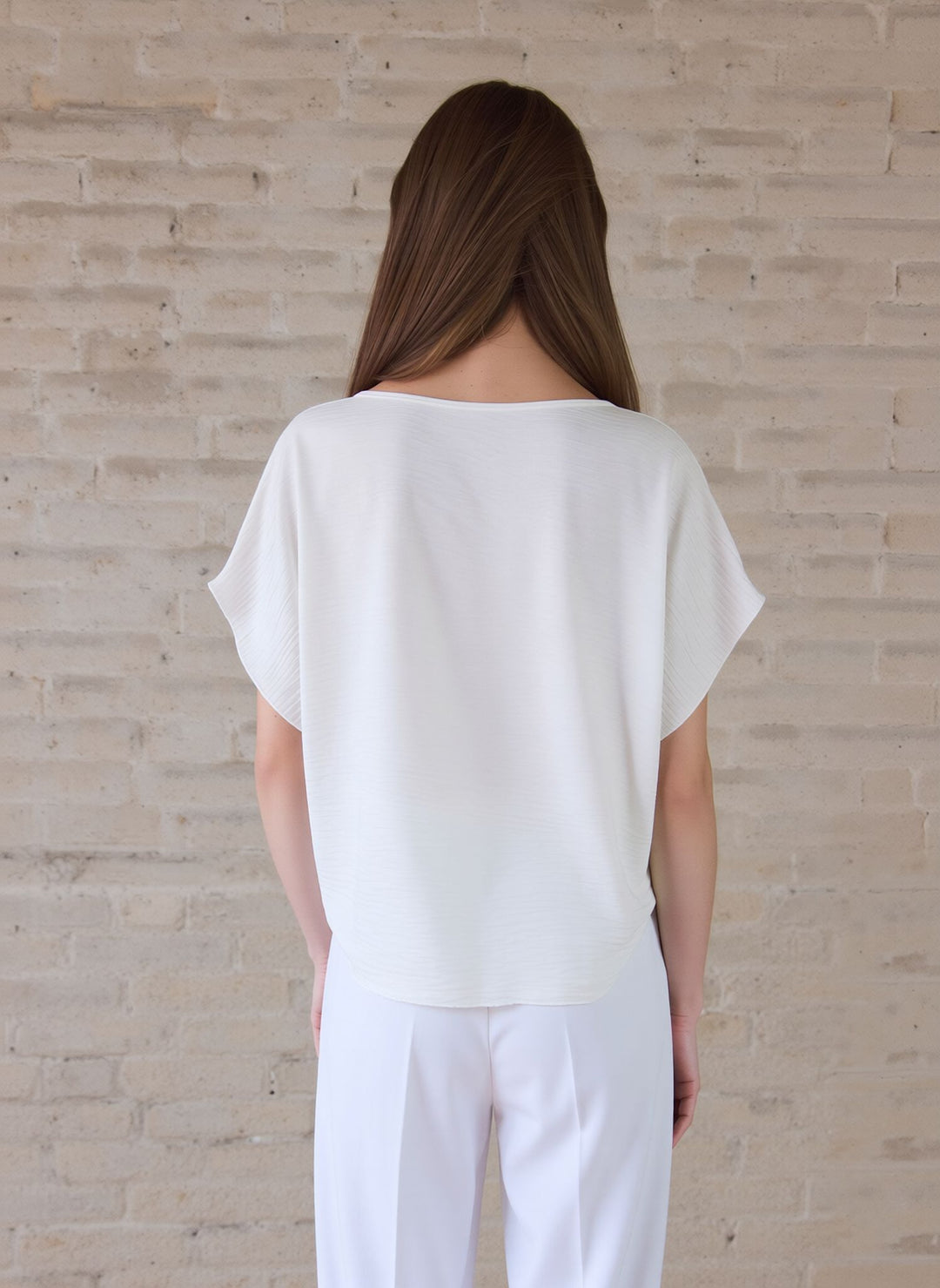 White Tie-Front Batwing Sleeve Necklace Blouse Relaxed Fit Casual Top Summer Shirt