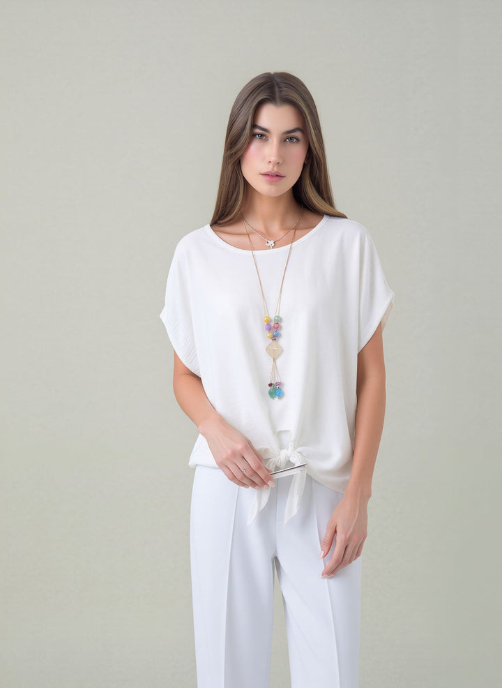 White Tie-Front Batwing Sleeve Necklace Blouse Relaxed Fit Casual Top Summer Shirt
