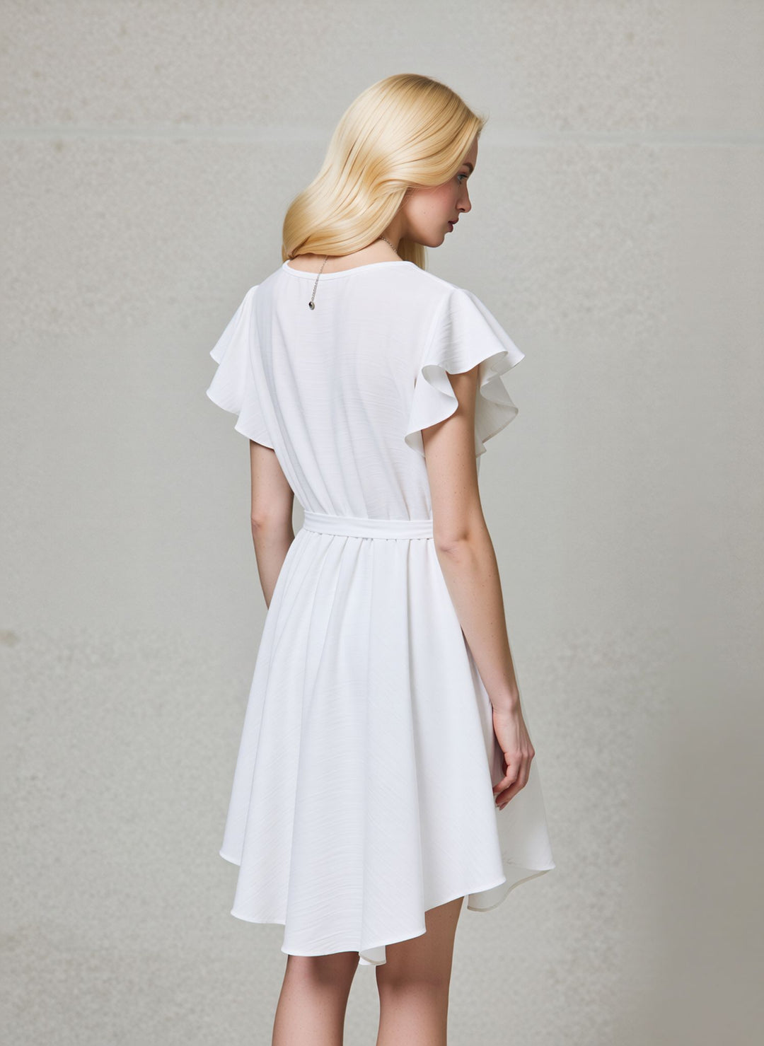 White Wrap Elegant V-Neck Flutter Sleeve Belted A-Line Midi Dress