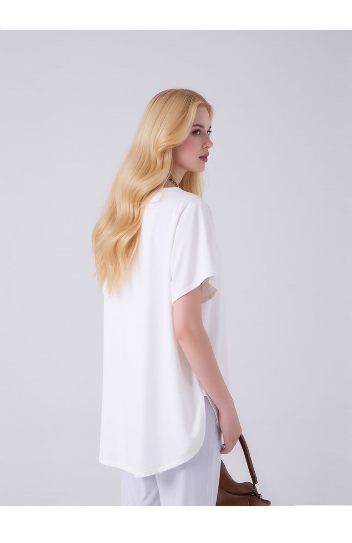 White Zip Front V-Neck Loose Fit Blouse Top