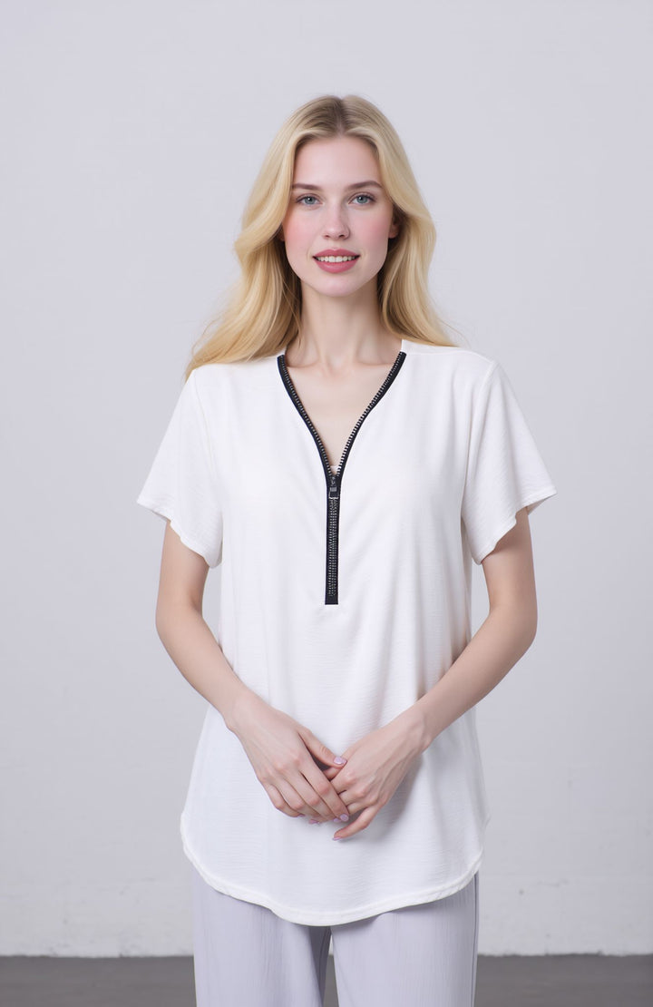 White Zip Front V-Neck Loose Fit Blouse Top