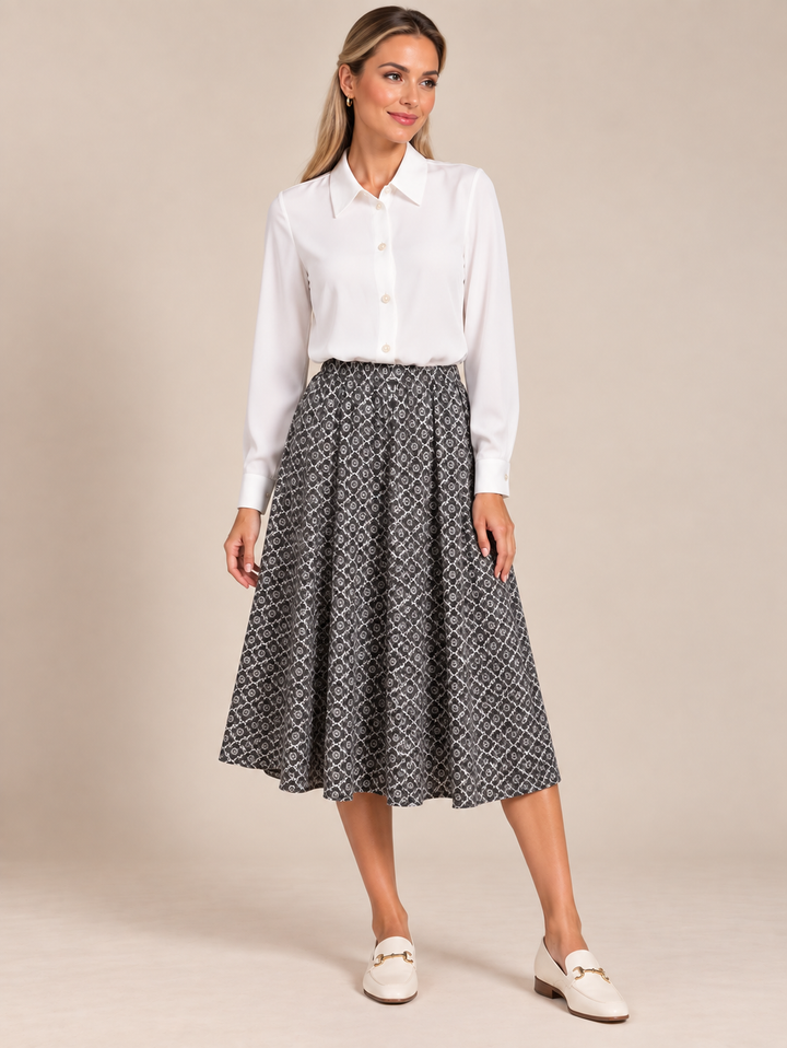White & Black Geometric Print Pull On Elasticated Skirt
