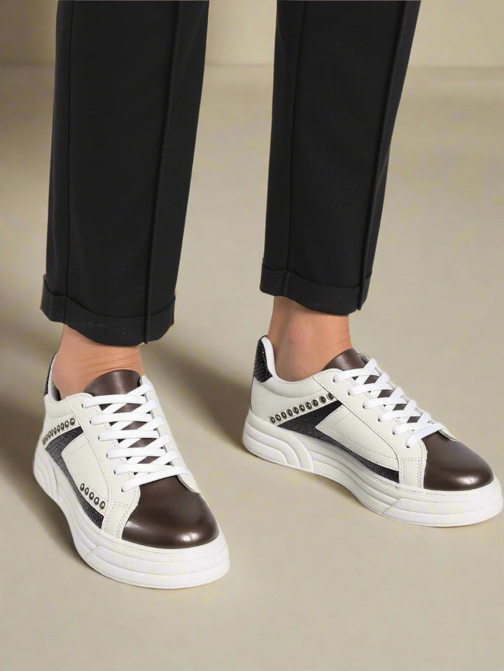 White & Black Studded Lace-Up Trainers