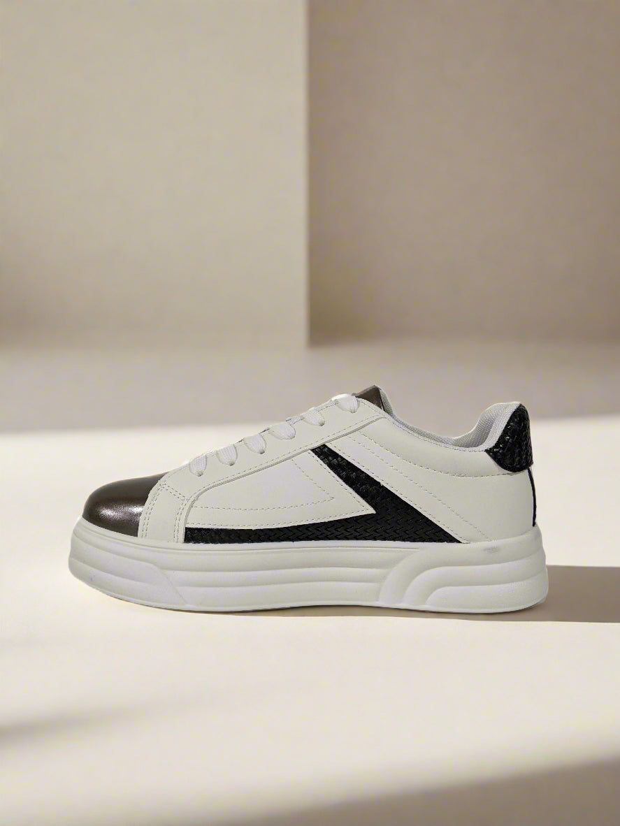 White & Black Studded Lace-Up Trainers