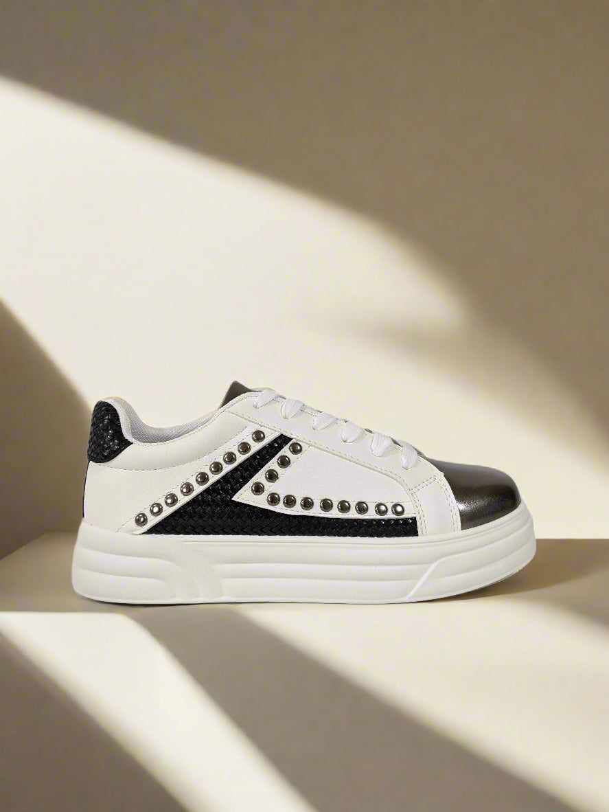 White & Black Studded Lace-Up Trainers