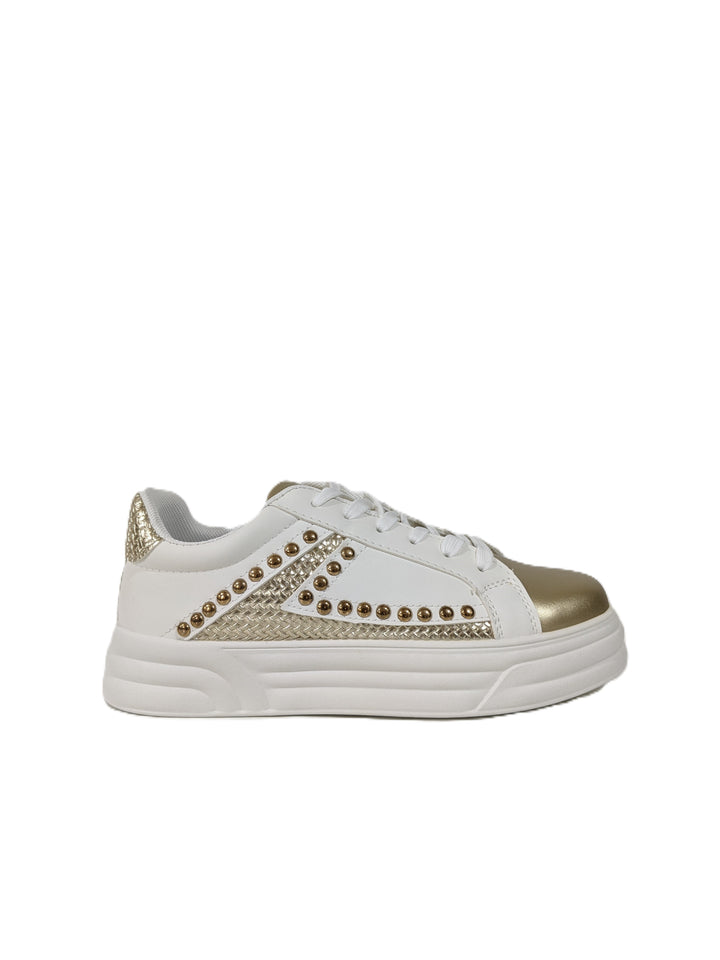 White & Gold Studded Lace-Up Trainers