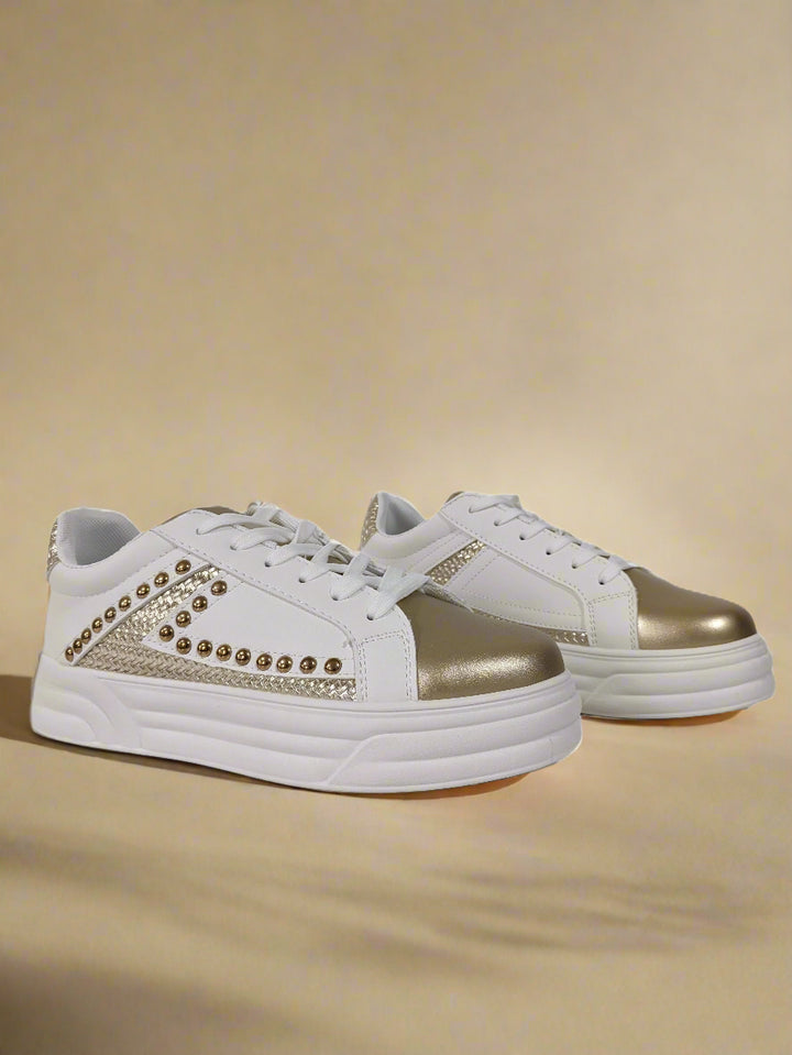 White & Gold Studded Lace-Up Trainers