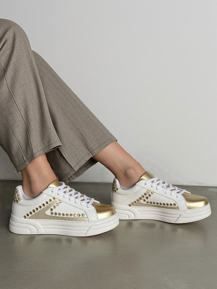 White & Gold Studded Lace-Up Trainers