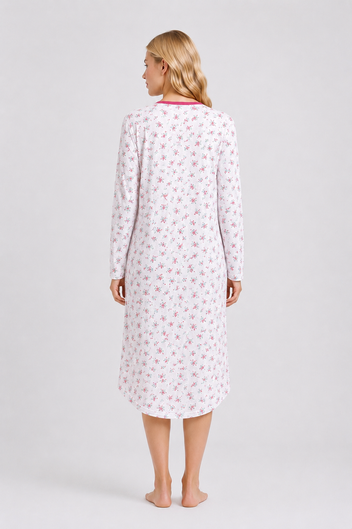 White & Pink Floral Long Sleeve Nightdress – Soft Comfortable Sleepwear