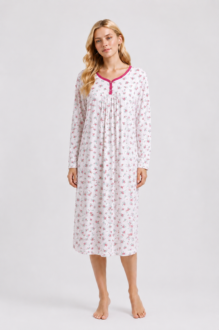 White & Pink Floral Long Sleeve Nightdress – Soft Comfortable Sleepwear