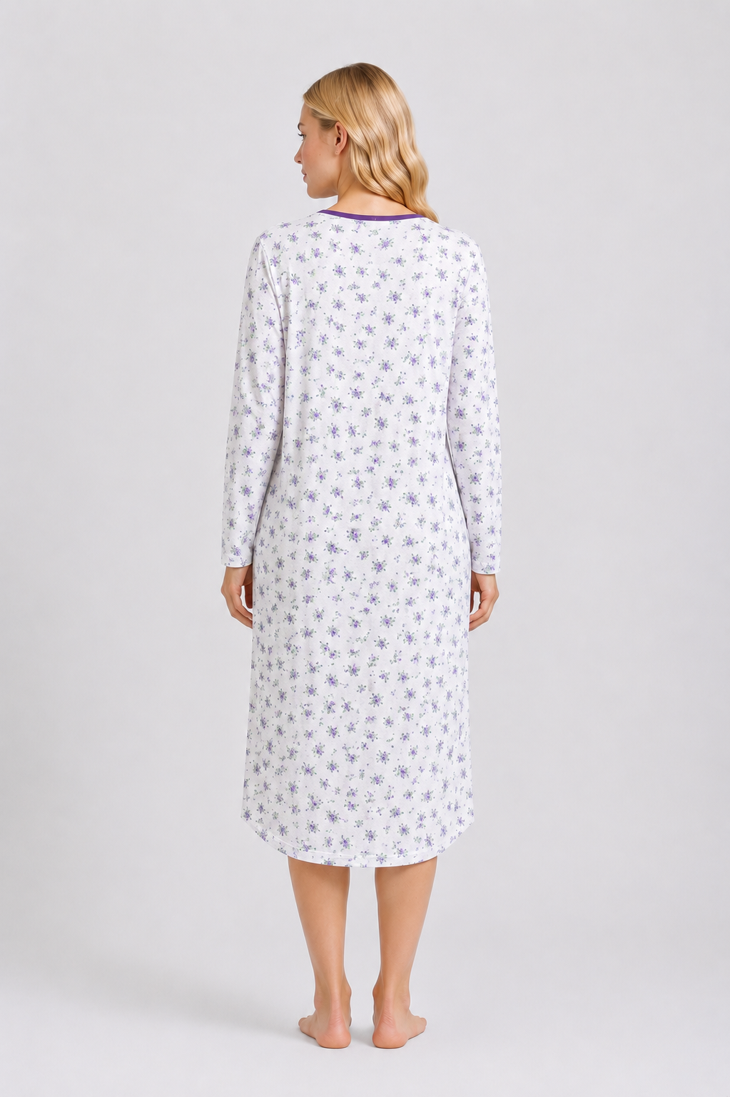 White & Purple Floral Long Sleeve Nightdress Soft Comfortable Sleepwear