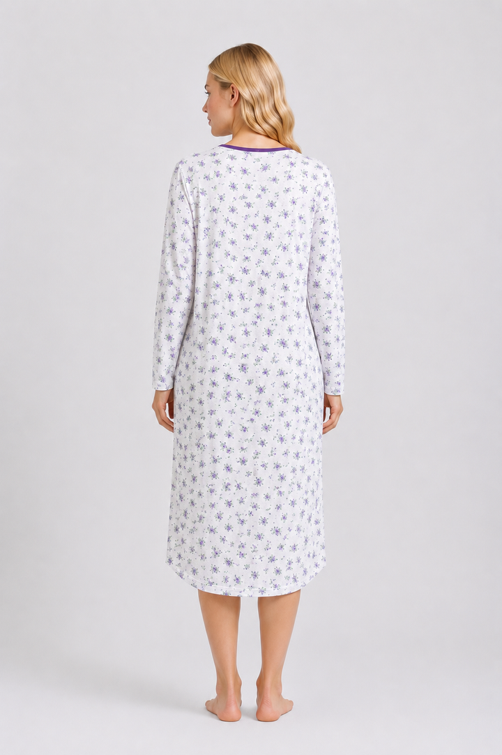 White & Purple Floral Long Sleeve Nightdress Soft Comfortable Sleepwear