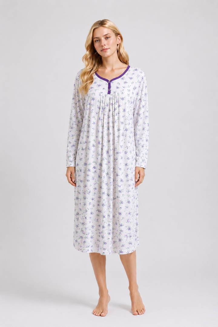 White & Purple Floral Long Sleeve Nightdress Soft Comfortable Sleepwear