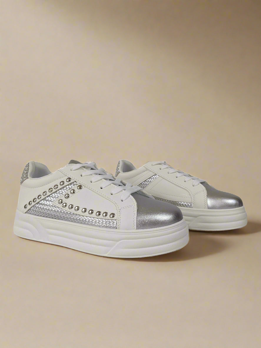 White & Silver Studded Lace-Up Trainers