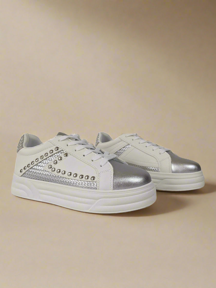 White & Silver Studded Lace-Up Trainers