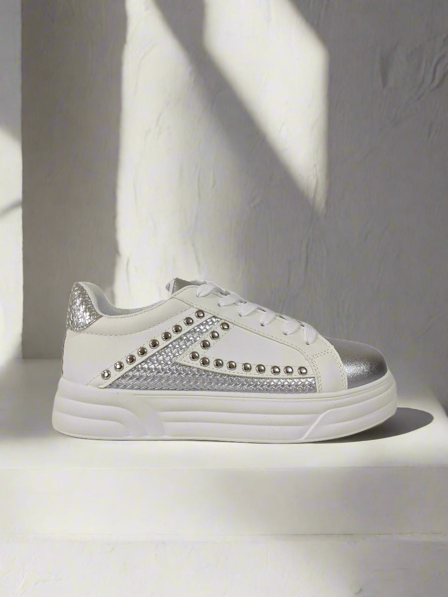 White & Silver Studded Lace-Up Trainers