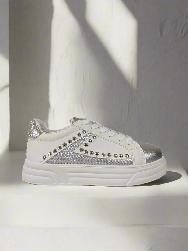 White & Silver Studded Lace-Up Trainers