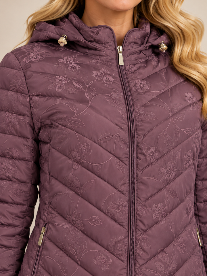 Wine Floral Embroidered Quilted Hooded Padded Jacket