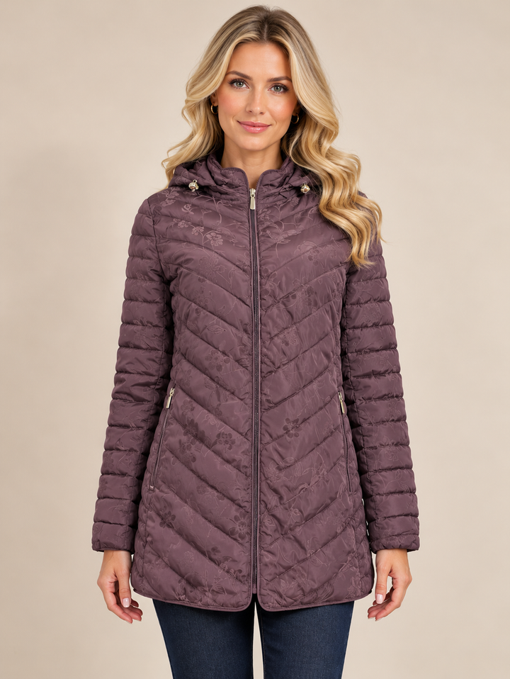 Wine Floral Embroidered Quilted Hooded Padded Jacket
