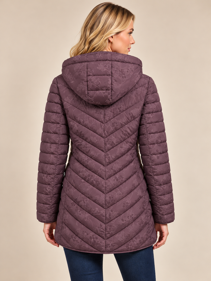 Wine Floral Embroidered Quilted Hooded Padded Jacket