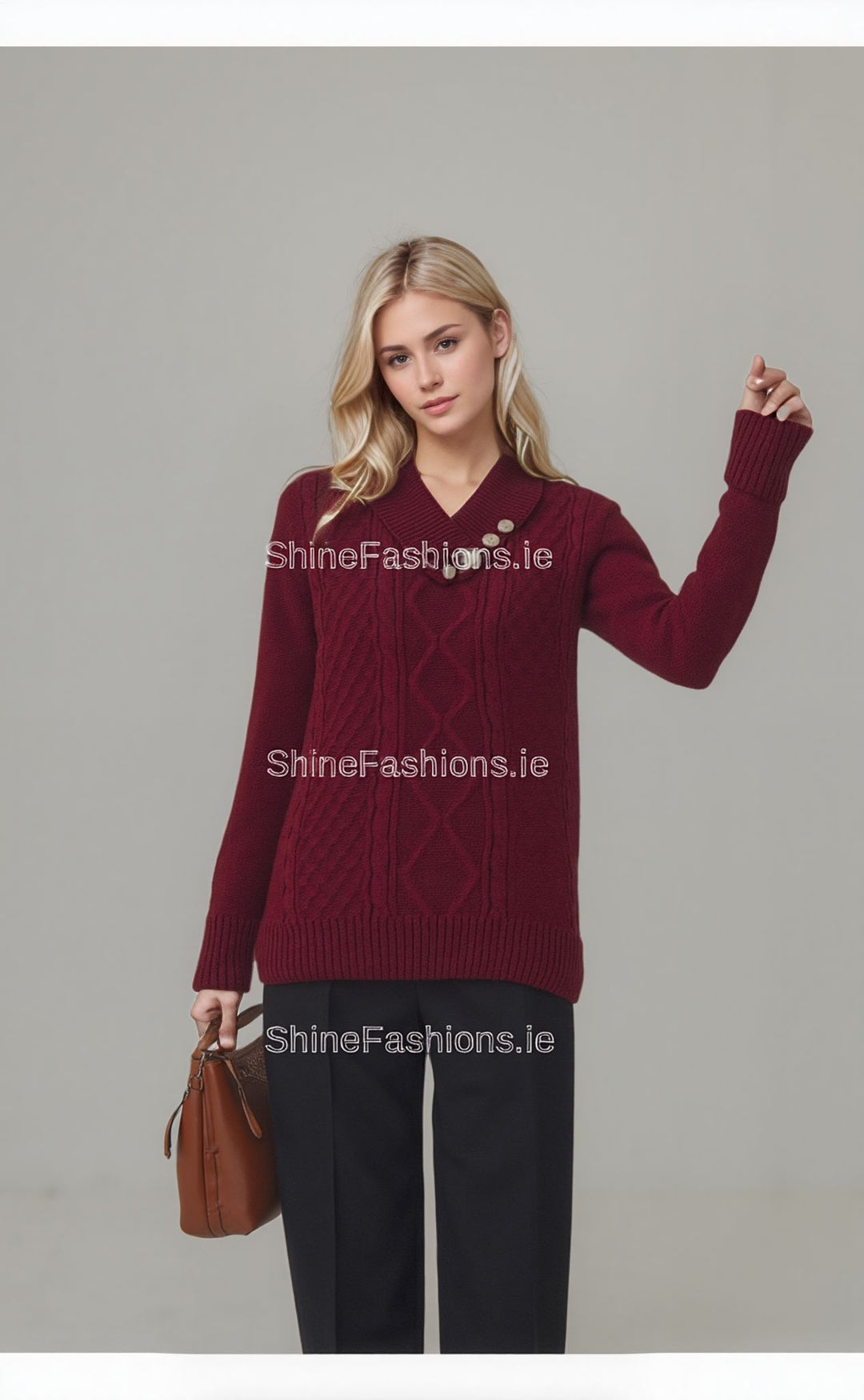 Wine Four Button Cable Knit Jumper