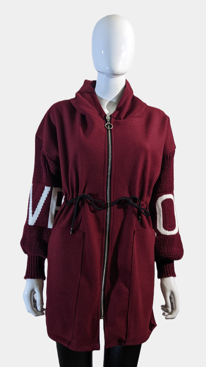 Wine Love Knit Sleeves Zipper Drawstring Coat