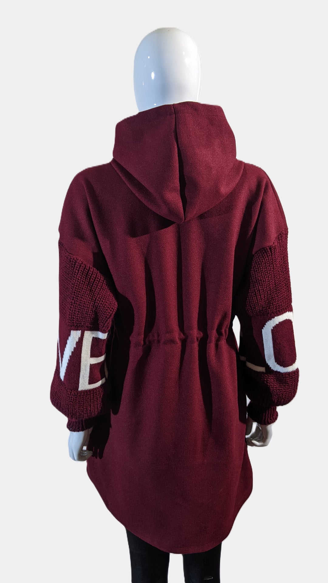 Wine Love Knit Sleeves Zipper Drawstring Coat