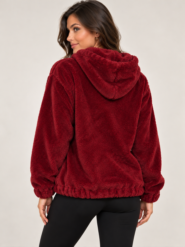 Wine Soft Fur Hooded Zip-Up Jacket
