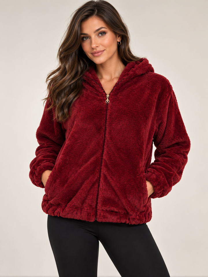 Wine Soft Fur Hooded Zip-Up Jacket