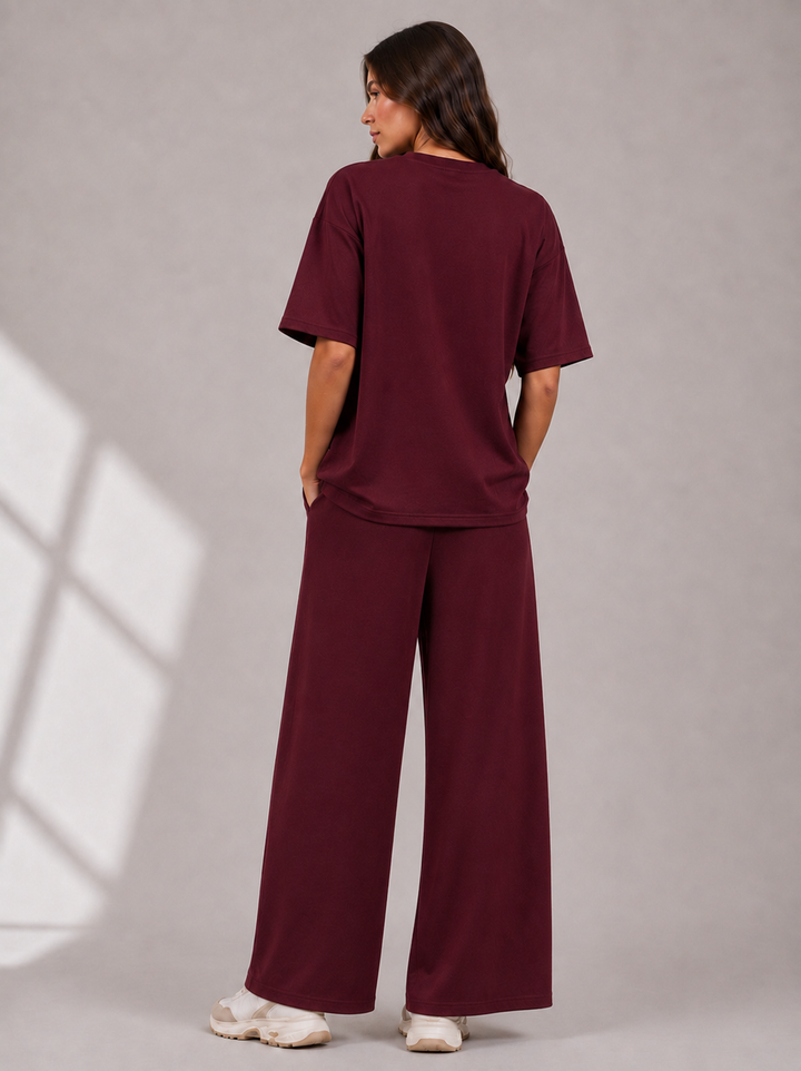 Wine Two Piece Co-Ord Set Oversize Top with Seam Detail Wide Leg Trousers